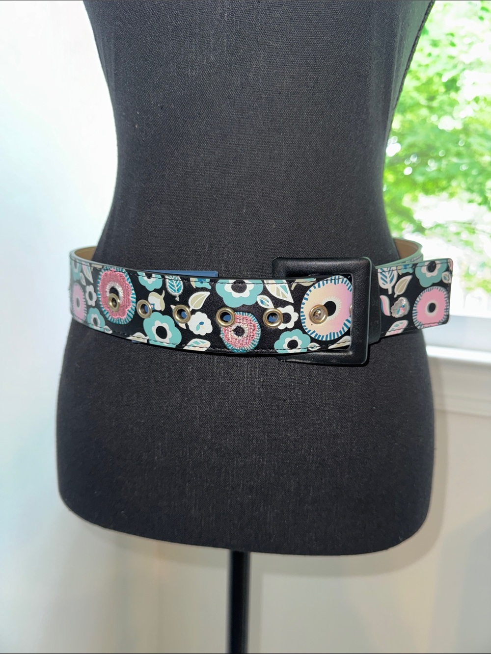 NWT libby. edelman Black Floral Wide Belt with Pink & Teal Accents
